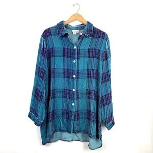 Soft surroundings velour plaid silk blend button up 1X